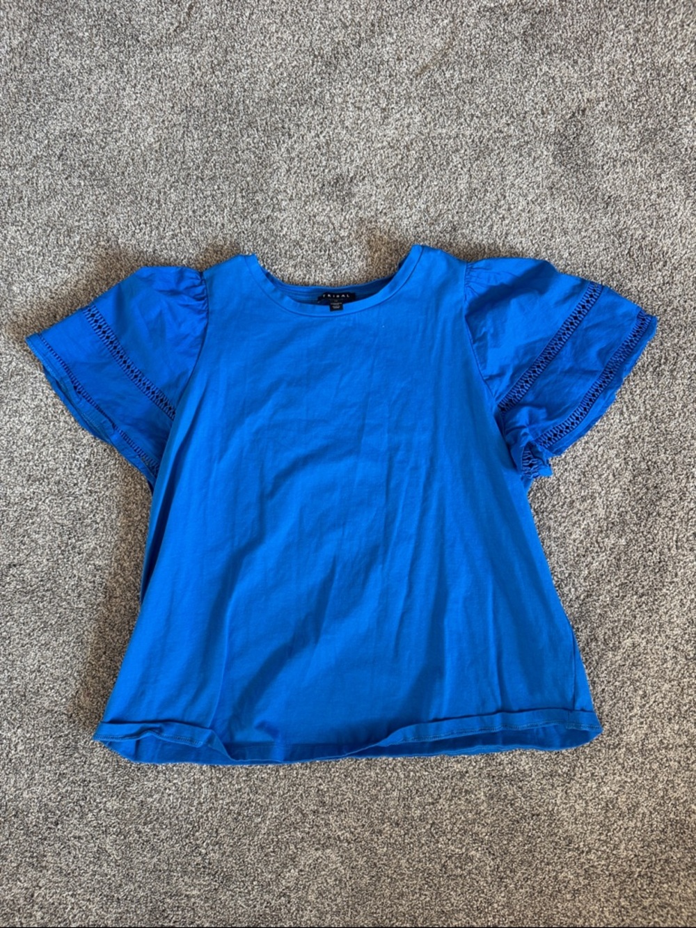 Tribal Royal Blue Short Sleeve Top with Lace-Accent Sleeves